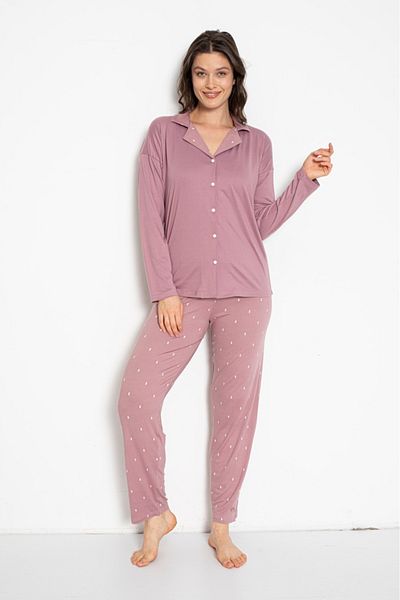 MEBA Milan Long Sleeve Front Buttoned Lilac Dusty Rose Pajama Set -41