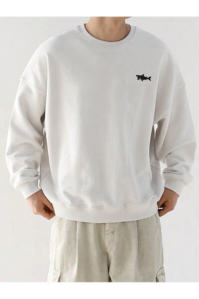 Adrift Hanorac cu imprimeu rechin și umeri căzuți, alb