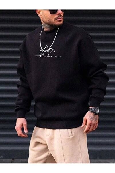 Adrift Hanorac cu imprimeu grafic Munte și litere, mărimi mari, negru