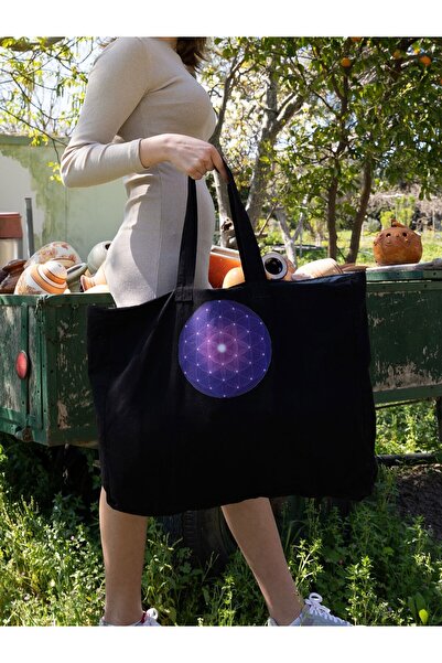 Reseen حقيبة شاطئ من القماش العضوي باللون الأسود - حجم كبير