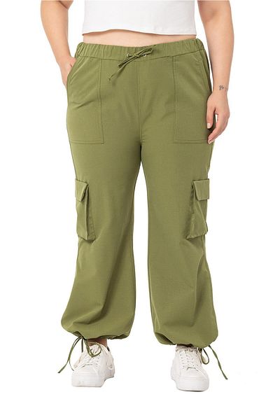DISENTIS MODEST Large Size Gather Detailed Cargo Pocket Parachute Khaki Trousers