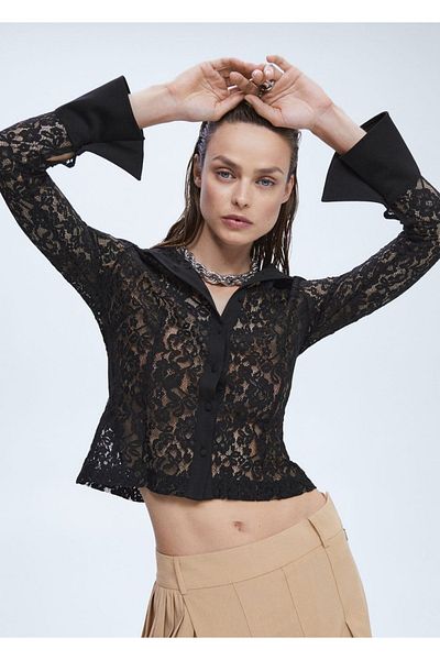 MANGO Woman Flared Lace Blouse with Sleeves