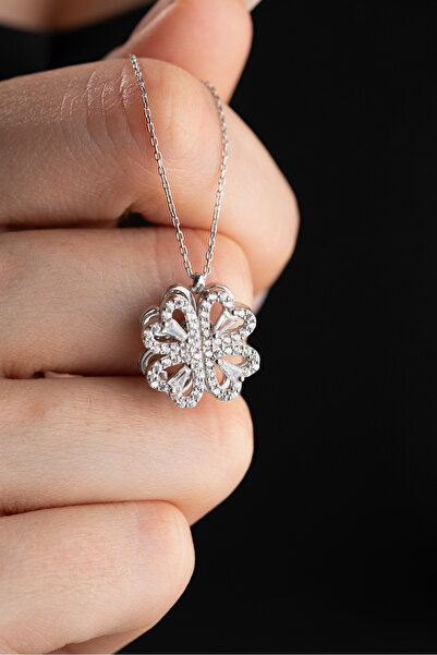 Nereze 925 Ayar Gümüş Zirkon Taşlı Dönen 4 Kalpli Yonca Kolye