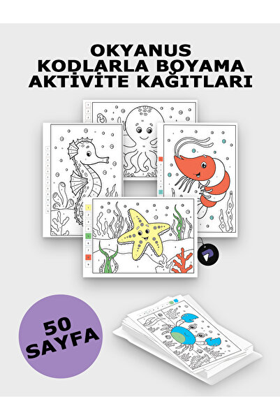 Postermanya Okyanus Kodlamalı Boyama Aktivite Kağıdı Seti - Çocuklar İçin Sayılarla Boyama Kitabı (50x)