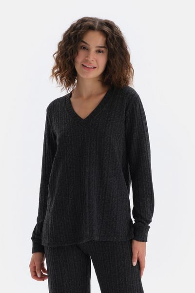 Dagi Anthracite V-Neck Long Sleeve Sweatshirt - Braided