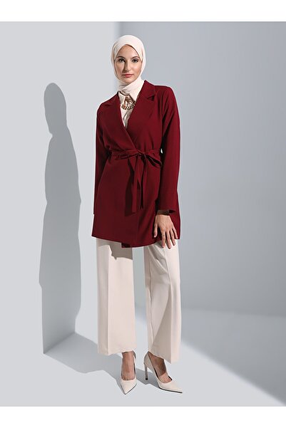 Refka Belt Detailed Jacket - Dark Red - Refka Woman