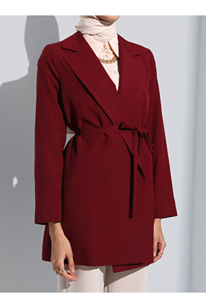 Refka Belt Detailed Jacket - Dark Red - Refka Woman