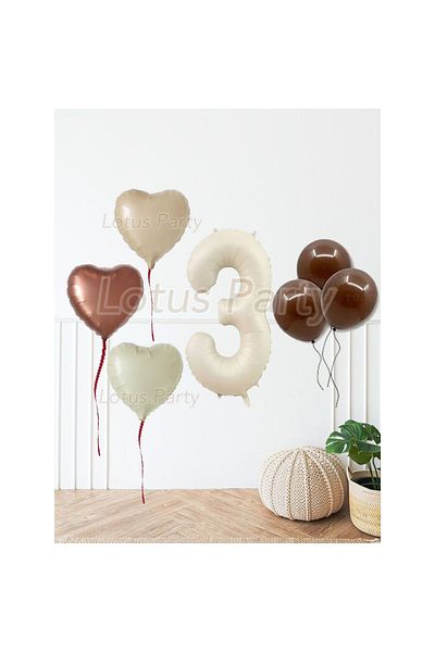 LOTUS PARTY 3 Years Old Bohemian Mini Birthday Set Nude Cream Color Brown Heart - Cream Color Foil Number Balloon