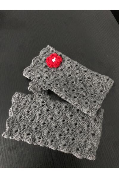 YOS TREND Gri Çiçek Detaylı Kadın Yarım Eldiveni Parmaksız Kadın Eldiven