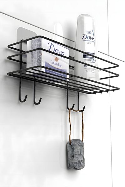 KARTEYA Adhesive 4 Hooks Bathroom Shelf Matte Black Bathroom Shampoo Holder Shower Cabin Shower Hanger