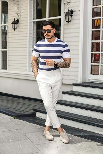 Tarz Cool Ανδρικό πλεκτό μπλουζάκι με ριγέ κανονική εφαρμογή σε λευκό-σαξ