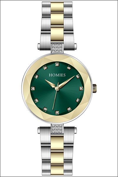 Homies Women's Silver-Gold Green Color Wristwatch + Steel Cord Bracelet with Gift