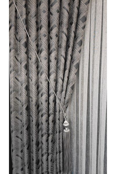 Yuka Crown Panel Background Curtain Gray Light Gray Geometric Patterned Single Sash Closely Pleated Jacquard Semi-Glossy