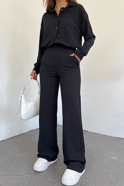 lovebox Női Seersucker Oversize Design ing és nadrág, fekete dupla öltöny 10786