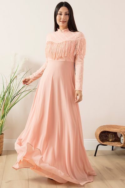 PULLIMM Rochie de seara musulmana cu ciucuri cu guler inalt - 13058