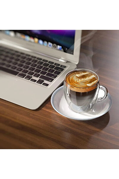 Lumindra 2 Adet Çift Cidarlı Kulplu Cam Çay Kahve Süt Kupa Borosilikat Bardak