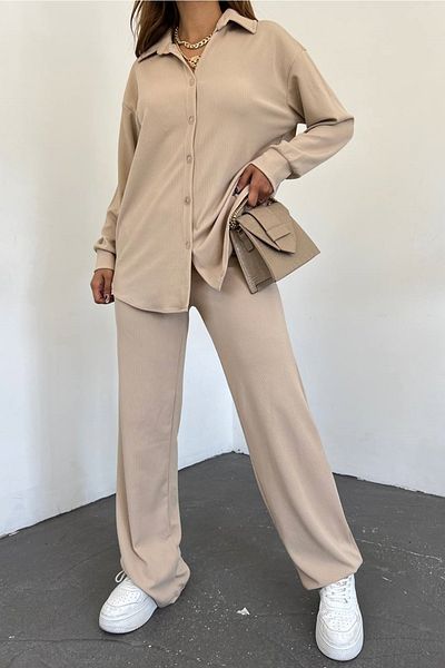 vuvutasarım Beige Oversize Design Shirt and Trousers Oversize Double Suit 10786