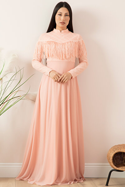 PULLIMM Püsküllü Dik Yaka Tesettür Abiye Elbise 13058