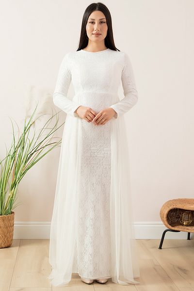 PULLIMM Lace Tulle Detail Hijab Evening Dress 13082