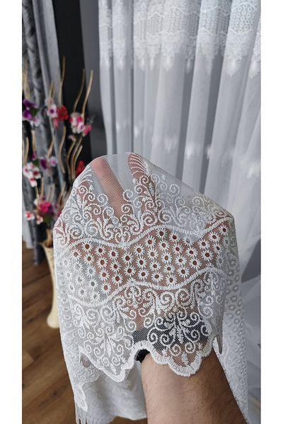 Yuka Grecian Background Sprinkled Embroidery Luxury Pattern 1/3 Close Pleat Ecru Tulle Curtain Wrinkle-Free No Ironing Leaded Skirt