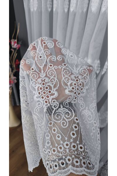 Yuka Grecian Background Sprinkled Embroidery Luxury Pattern 1/3 Close Pleat Ecru Tulle Curtain Wrinkle-Free No Ironing Leaded Skirt