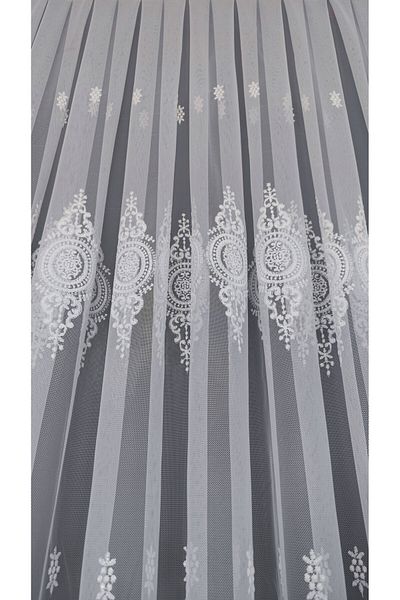 Yuka Grecian Background Sprinkled Embroidery Luxury Pattern 1/3 Close Pleat Ecru Tulle Curtain Wrinkle-Free No Ironing Leaded Skirt