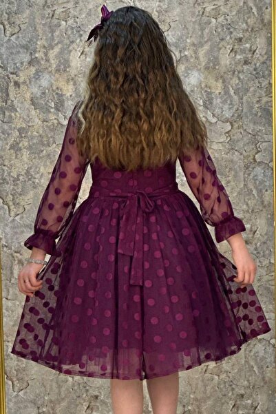 Riccotarz Girl's Purple Dress with Transparent Sleeves, Polka Dots and Sash Detail