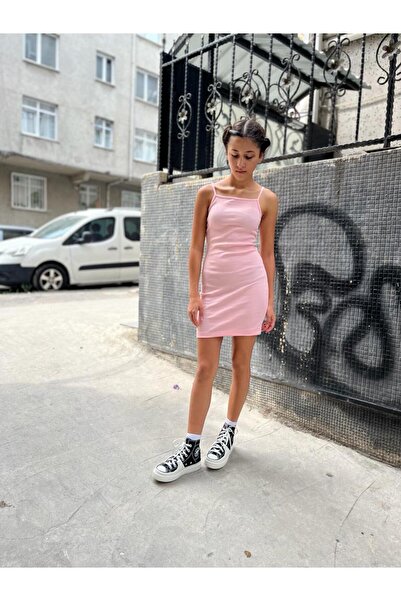 CNG MODA Siyah Genç Bisiklet Yaka Ip Askılı Triko Elbise