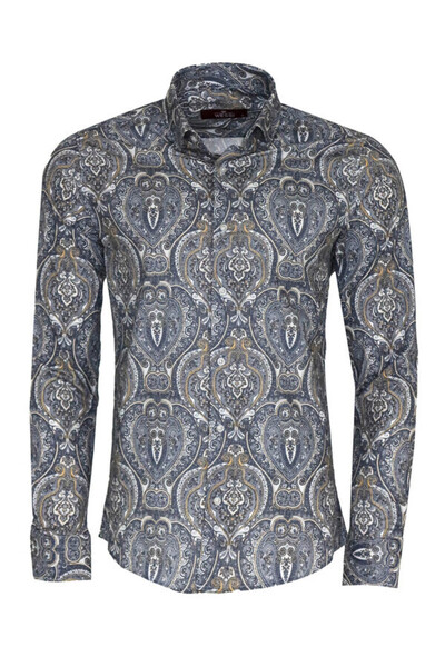 Wessi Damask Desenli Mavi Slim Fit Gömlek - Wessi