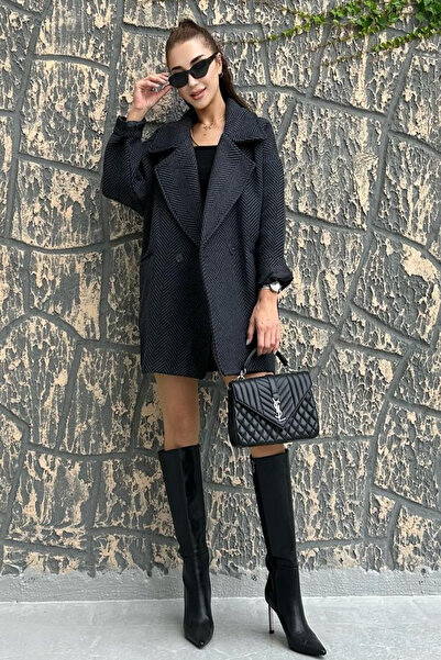 Modayıldızlar Palton de damă antracit cu model în schemă