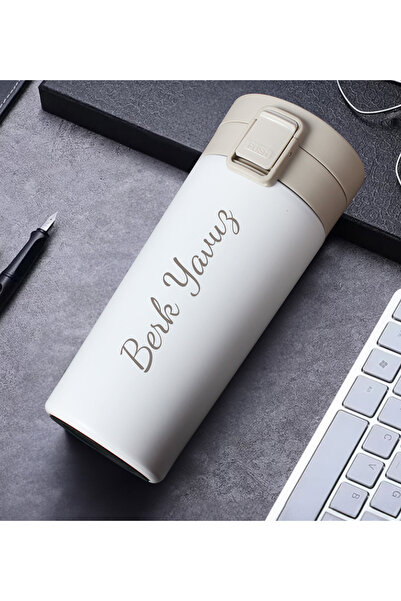 Apollon Gift Shop Kişiye Özel Otomatik Basmalı Kilitli Beyaz 400 ML Exclusive Tasarım Çelik Termos