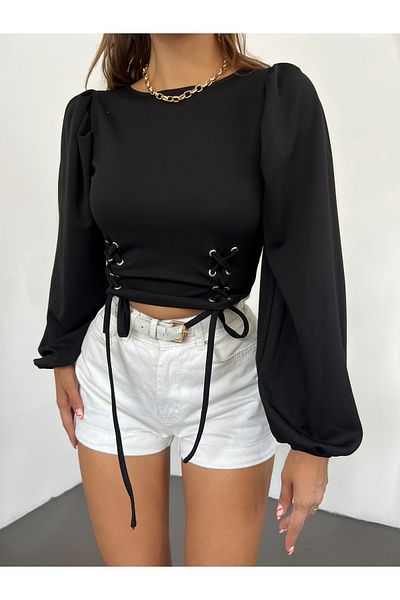 Fav Style Γυναικεία μπλούζα με μπαλόνι με μανίκια μέσης με δέσιμο με λεπτομέρειες Crop μαύρη