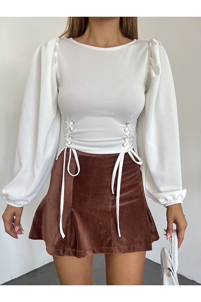 Fav Style Γυναικείο μανίκι μπαλόνι μέσης με κορδόνι με λεπτομέρεια Crop μπλούζα λευκή