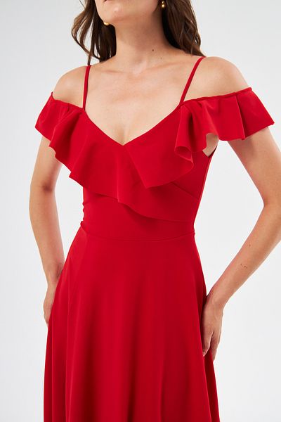 bayansepeti Rochie roșie lungă cu bretele din material crepon flexibil pentru femei, cu design cu guler cu volan și cu fantă pe piept 582190