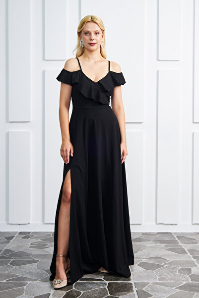 vuvutasarım Креп-тканина Тонкі бретелі Розріз V-подібний виріз Довга чорна сукня 582190