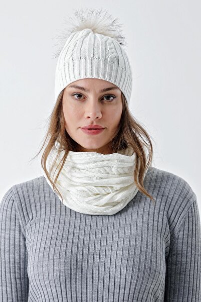 CHUBA Women's Hair Knitted Beret and Neck Collar Set Ecru 24W131