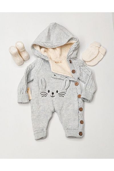 a baby Baby Jumpsuit Lamb Lined with booties and gloves