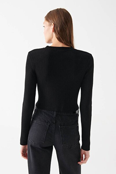 Mavi Pulover negru guler rotund pentru femei 1710147-900