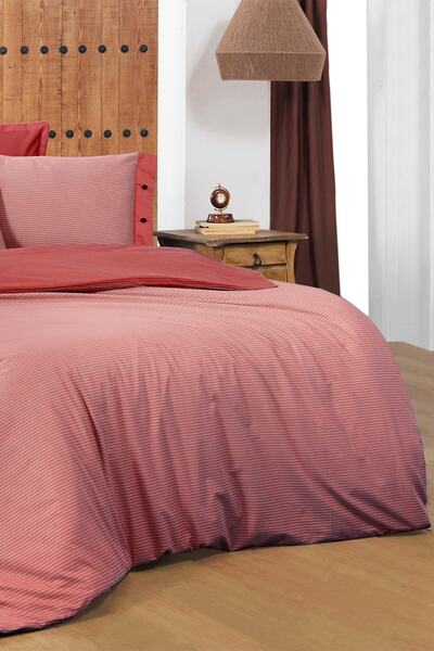 Sarev New Fancy Stripe Red Double 100% Cotton Striped Duvet Cover Set