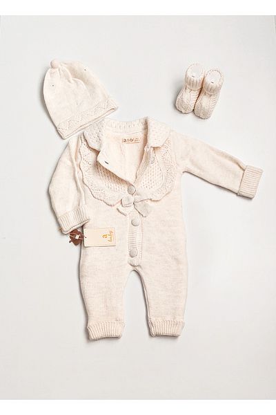 a baby Baby Jumpsuit Lamb Lined Lace Knit with booties and gloves