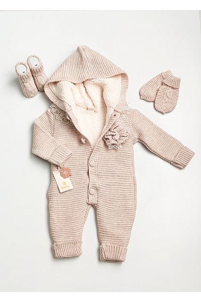 a baby Baby Jumpsuit Lamb Lined booties and gloves with pompom