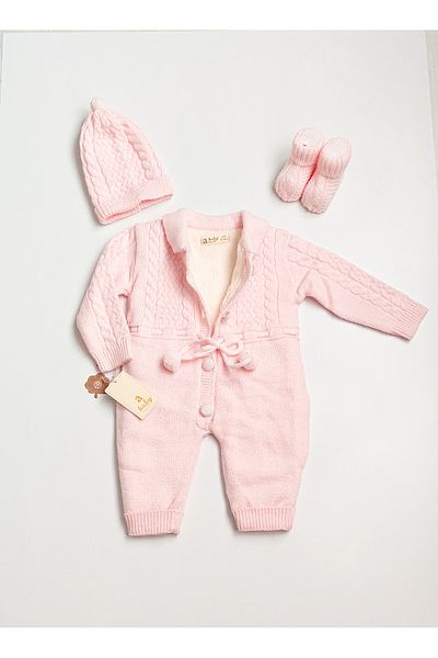 a baby Baby Jumpsuit Lamb Lined booties and gloves with pompom