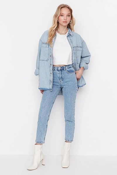 MAKRAS EXCLUSIVE Pantaloni de damă Sera cu talie înaltă albastru deschis Snow Wash Mom Jean