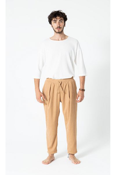 RUBYSTARS Beige Front Pleat Detail Relaxed Cut Elastic Waist Velvet Shalwar Trousers