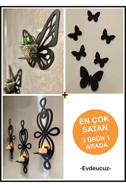 evdeucuz 3 Ürün 1 Arada Duvar Mumluk Ve Kelebek