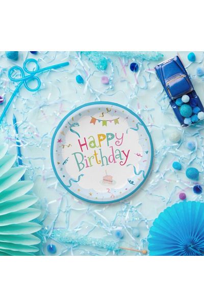 Big Party Happy Birthday Blue Cardboard Plate Cup Set for 8 People