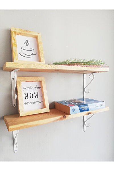 The N Wood 2'li Beyaz Ferforje Metal Ayaklı, Ahşap Kitaplık Duvar Rafı 50x11