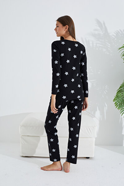 Siyah İnci siyah beyaz yıldız desenli Pamuklu Pijama Takımı