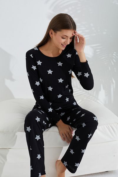 Siyah İnci black and white star patterned cotton pajama set
