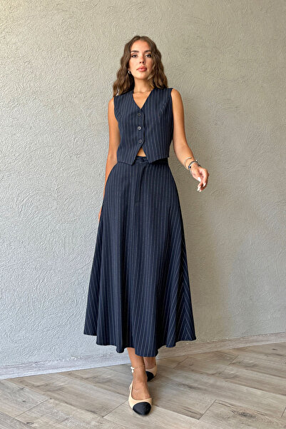 Seda Yalçın Atelier Navy Blue Striped Bell Skirt and Vest Set